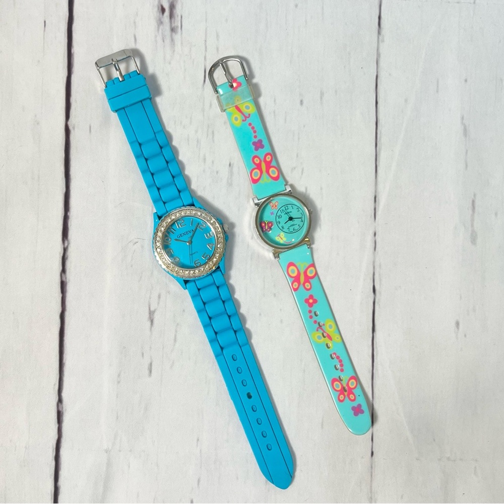 Vintage 90s Geneva Jelly Rhinestone & Butterfly Plastic Watch Set of 2 NWT